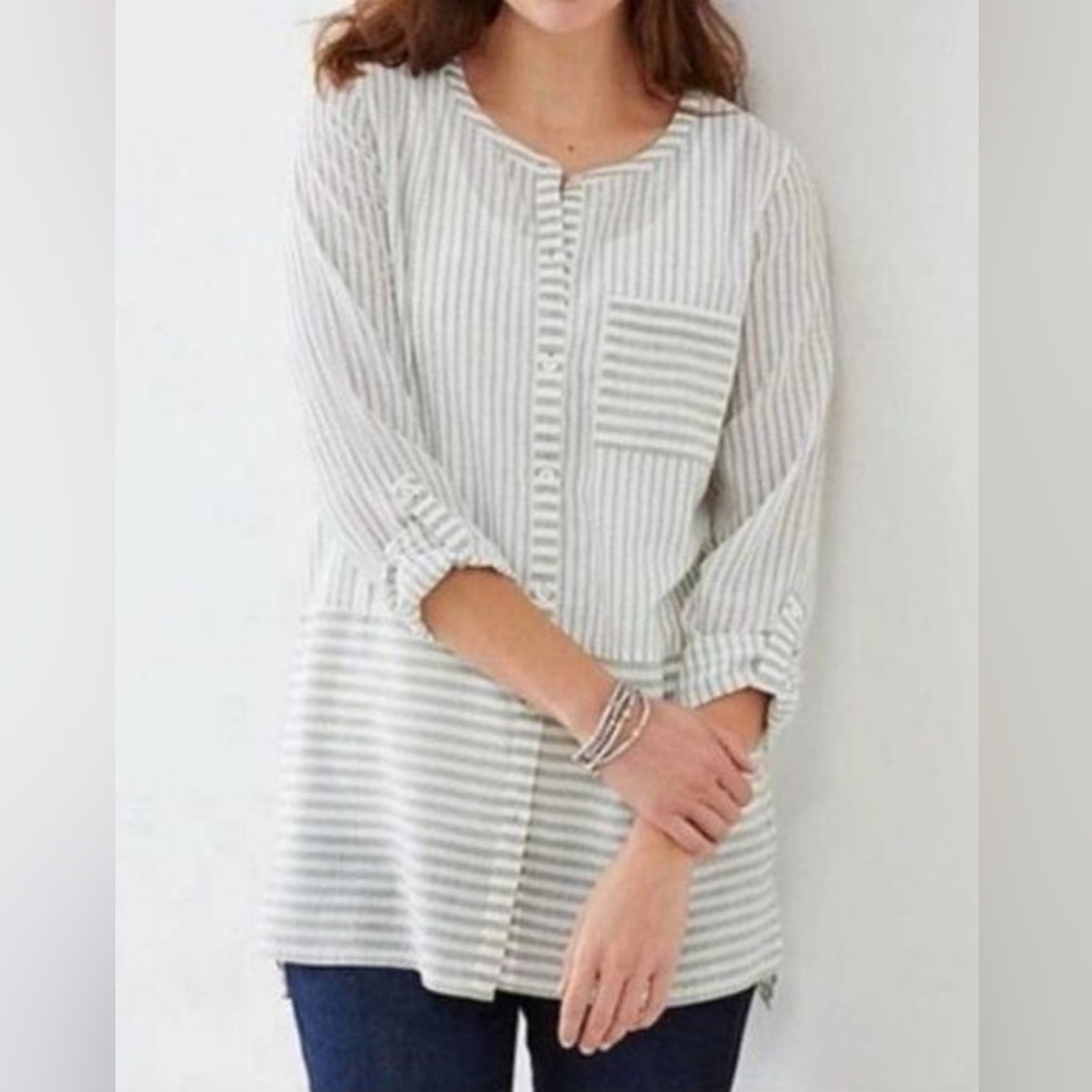 J. JILL Pure 100% Cotton Button Down Long Sleeve Blue white Stripes Top Small